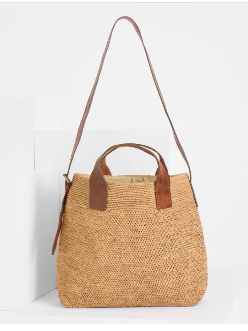 NWT Ibeliv METY Natural Raffia Tote Bag with Leather Handles - Neutral